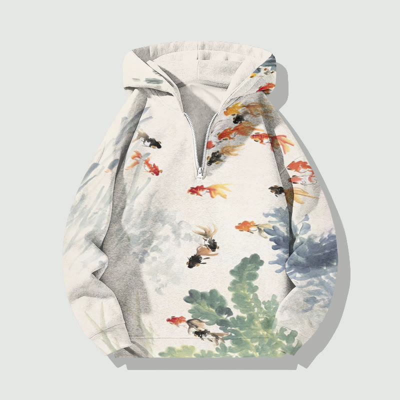 Women's Watercolor Goldfish Art Print Half Zip Hoodie - Beige - US32-34(5XL) - image 1
