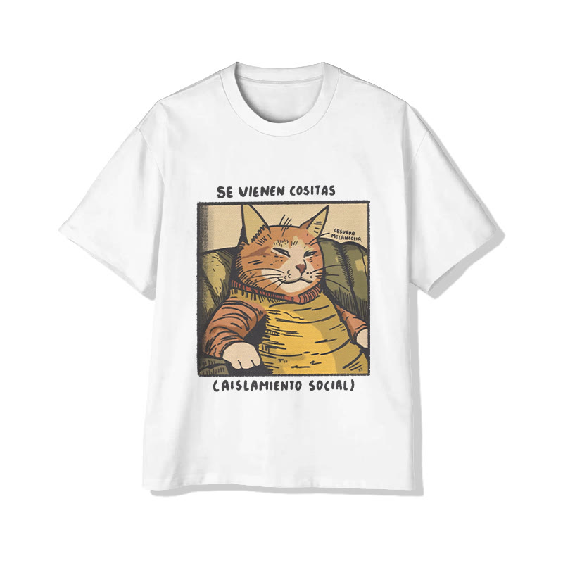 Unisex Funny Cat  Aislamiento Social Print Short Sleeve Crew Neck T-Shirt - White - 2XL - image 1