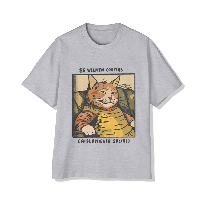 Unisex Funny Cat Aislamiento Social Print Short Sleeve Crew Neck T-Shirt - Grey - 2XL - image 3