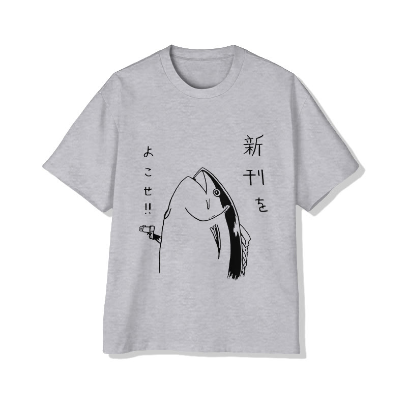 Unisex Japanese Style Funny Whale  Print Short Sleeve Crew Neck T-Shirt - Grey - 2XL - image 2