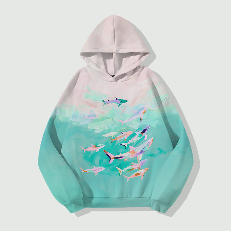 Unisex Gradient Ocean Fish School Art Print Long Sleeved Hoodie - Light Green - 8XL - image 1