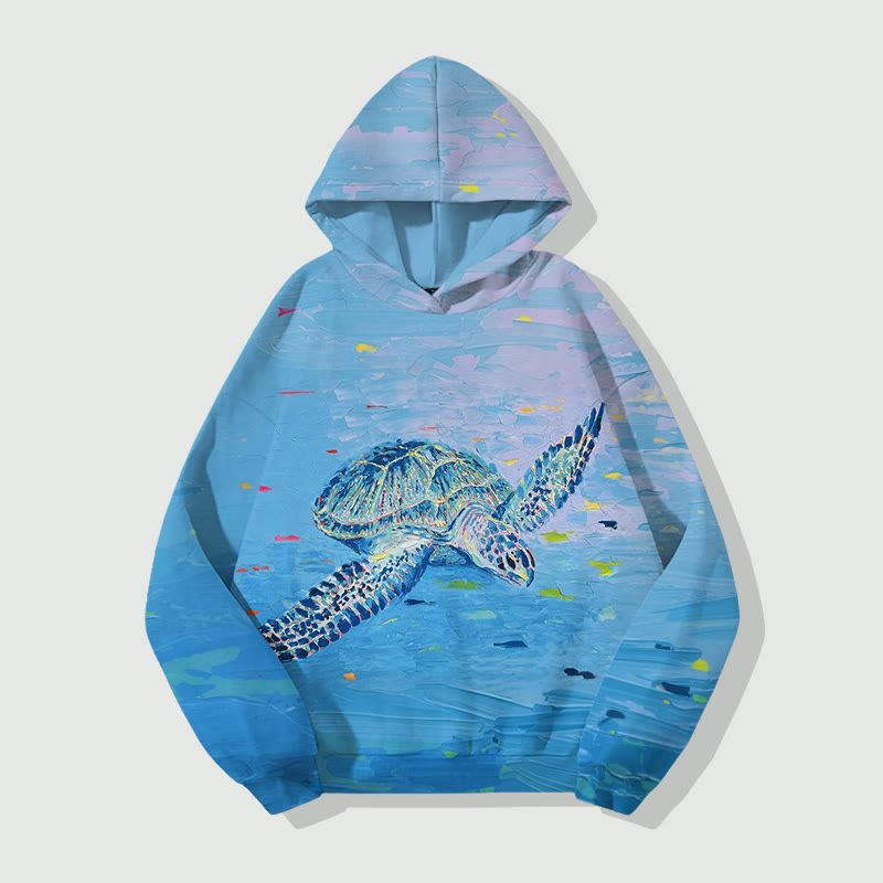 Unisex  Oil Painting Gradient Turtle Pattern Print Long Sleeved Hoodie - Blue - 8XL - image 1