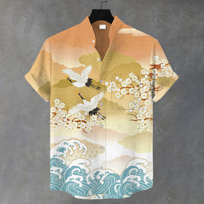 Men's Japanese Ukiyo-E Crane Print Casual Shirt - Yellow - 5XL - image 1