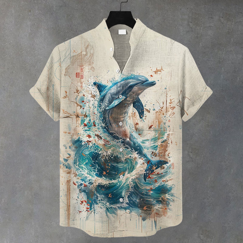 Men's Vintage Ocean Whale Art Print Casual Shirt - Apricot - 5XL - image 1