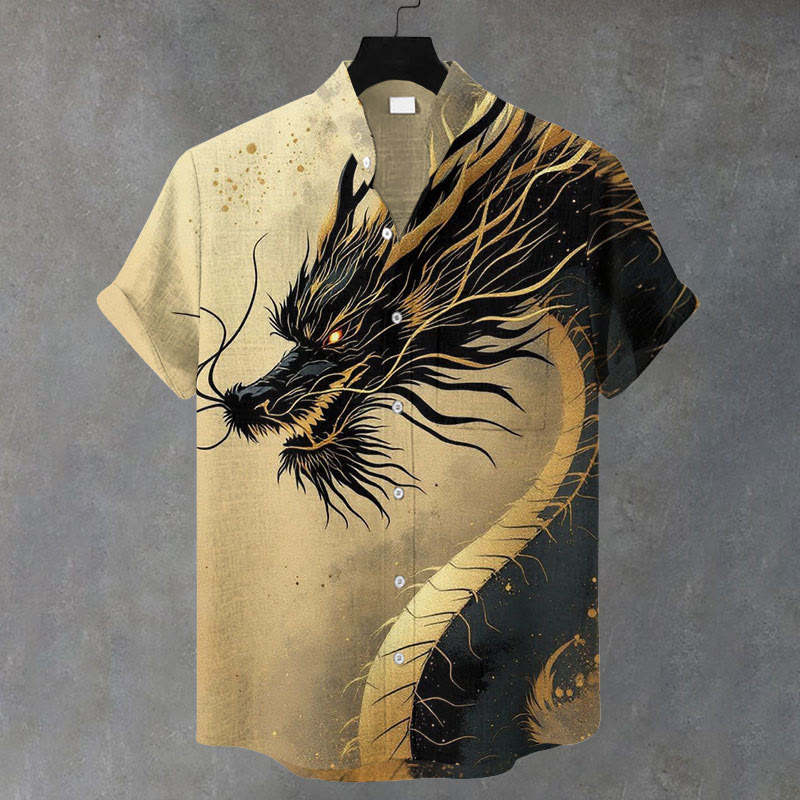 Men's Vintage Dragon Print Casual Shirt - Khaki - 5XL - image 1