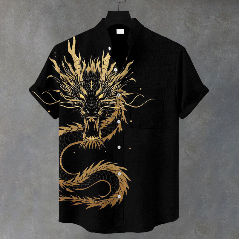 Men's Vintage Gold Dragon Print Casual Shirt - Black - 5XL - image 1