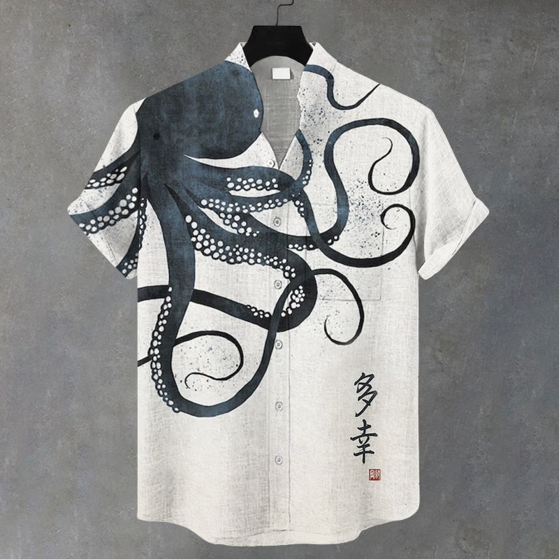 Men's Japanese Lucky Octopus Print Casual Shirt - White - 5XL - image 1