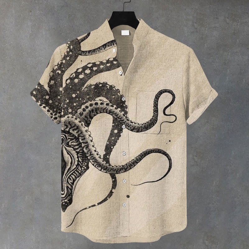 Men's Retro Octopus Tentacles Print Casual Shirt - Khaki - 5XL - image 1