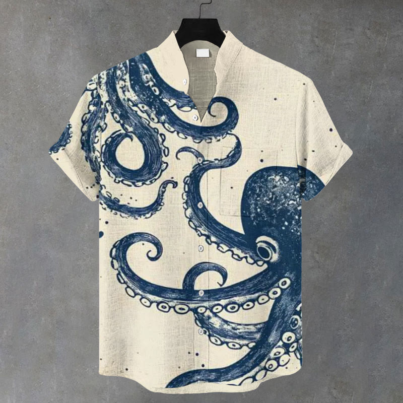 Men's Japanese Style Octopus Tentacle Art Print Casual Shirt - Apricot - 5XL - image 1