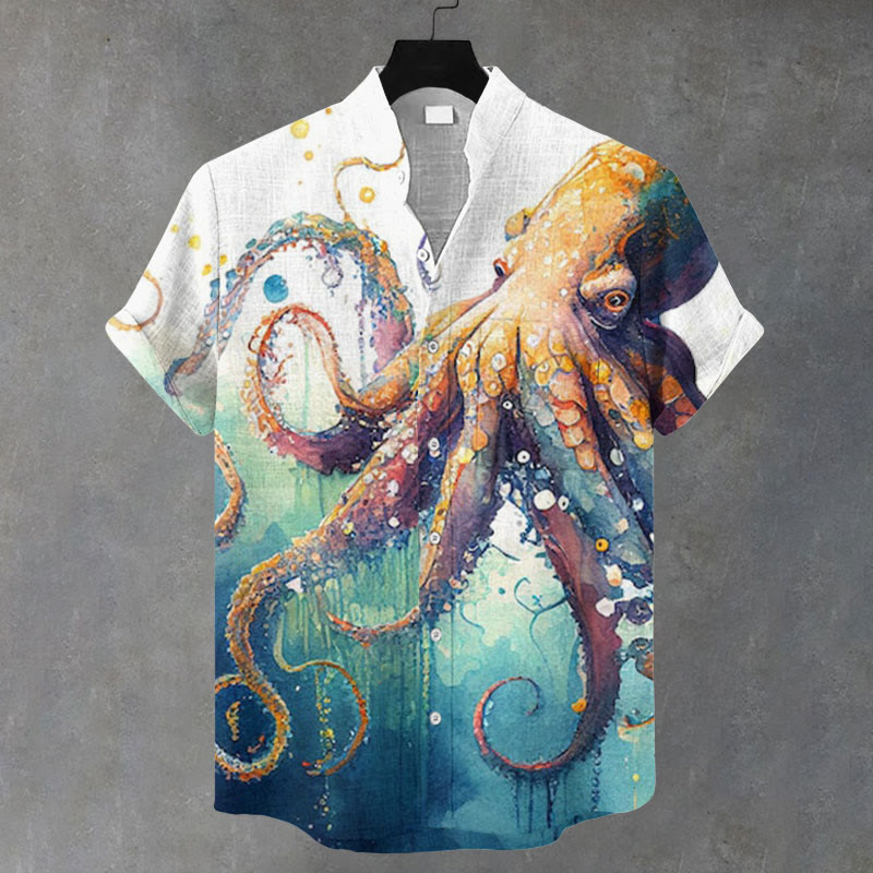Men's Vintage Painted Octopus Art Print Casual Shirt - White - 5XL - image 1