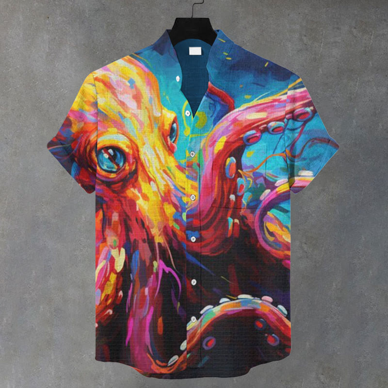 Men's Oil Painting Of An Octopus  Print Casual Shirt - Blue - 5XL - image 1
