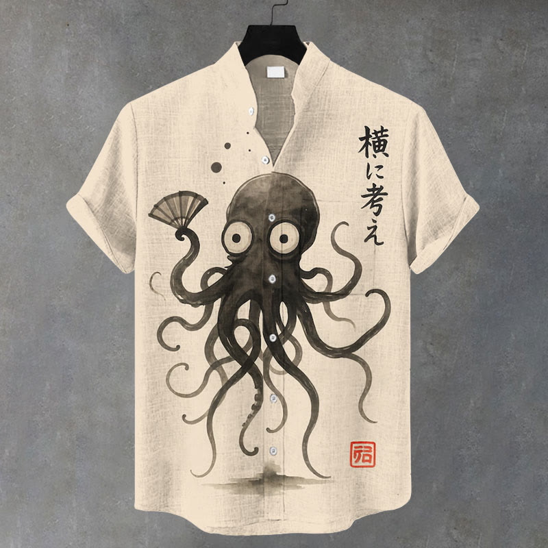 Men's Japanese Style Fun Octopus Print Casual Shirt - Khaki - 5XL - image 1