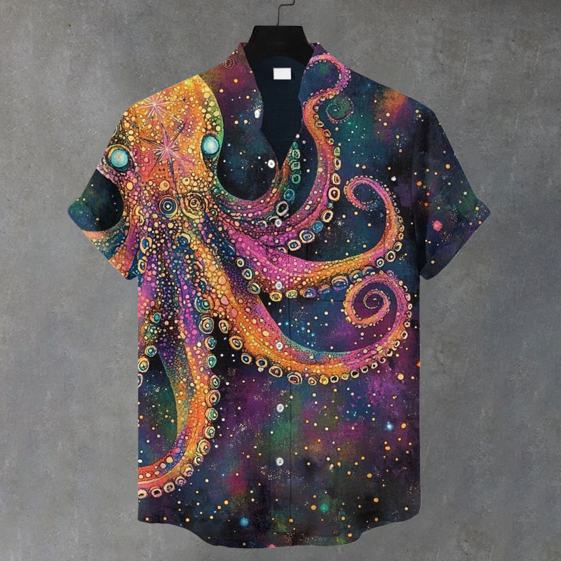 Men's Colorful Octopus Starry Sky Art Print Casual Shirt - Dark Blue - 5XL - image 1