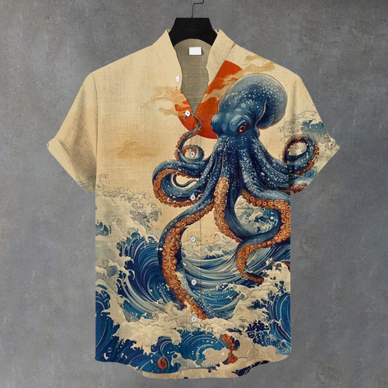 Men's Japanese Ukiyo-E Style Octopus Print Casual Shirt - Khaki - 5XL - image 1