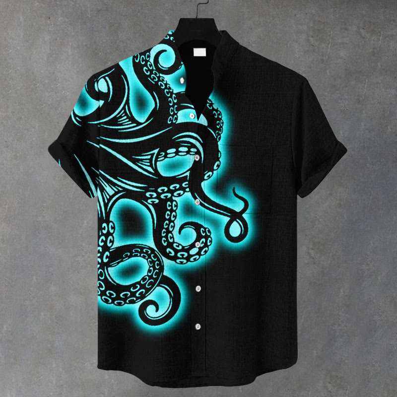 Men's Luminous Octopus Art Print Casual Shirt - Blue - 5XL - image 1