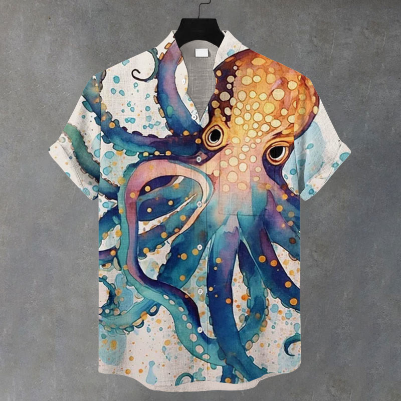 Men's Colorful Watercolor Octopus Print Casual Shirt - Beige - 5XL - image 1