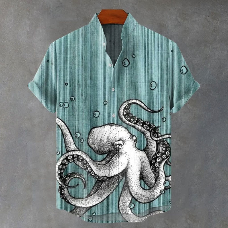 Men's Striped Octopus Print Casual Shirt - Lake Blue - 5XL - image 1