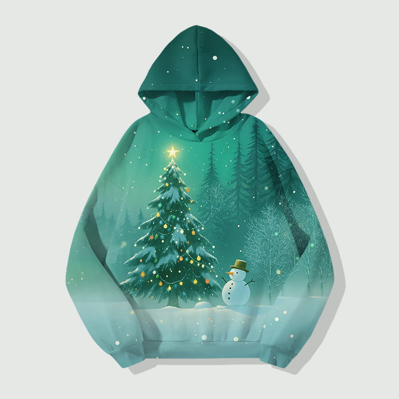 Winter Snowy Christmas Tree Art Print Long Sleeve Hoodie - Green - US44-46(8XL) - image 3