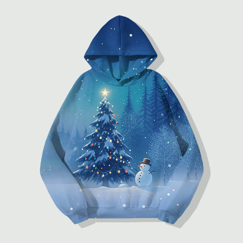 Winter Snowy Christmas Tree Art Print Long Sleeve Hoodie - Blue - US44-46(8XL) - image 1