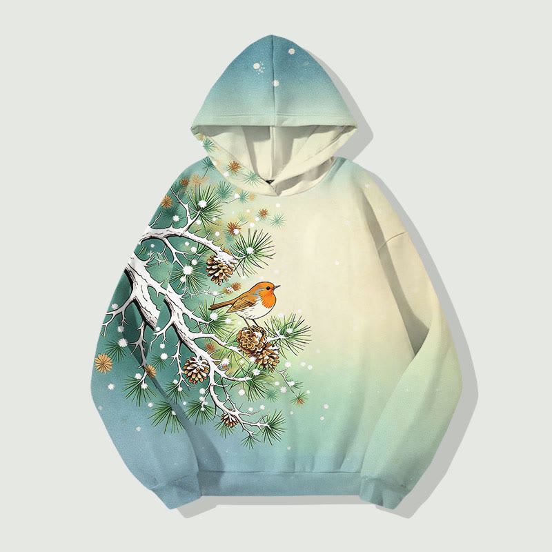 Lovely Bird Standing On Pine Tree Art Print Long Sleeve Hoodie - Blue - US44-46(8XL) - image 1