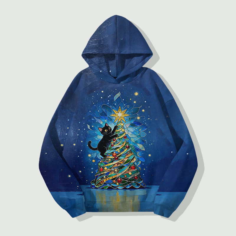Cute Black Cat Climbing On Christmas Tree Art Print Long Sleeve Hoodie - Blue - US44-46(8XL) - image 3