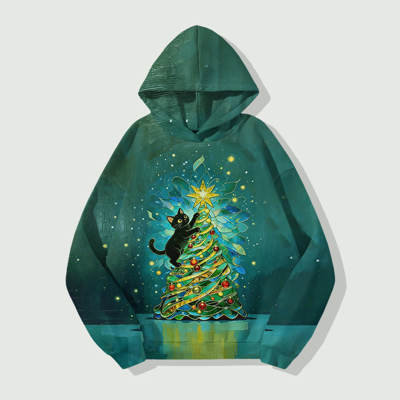 Cute Black Cat Climbing On Christmas Tree Art Print Long Sleeve Hoodie - Green - US44-46(8XL) - image 1
