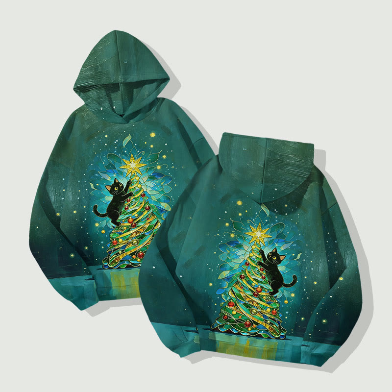 Cute Black Cat Climbing On Christmas Tree Art Print Long Sleeve Hoodie - image 2