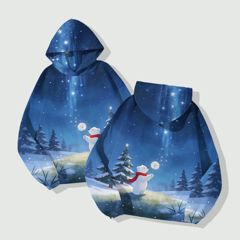 Christmas Polar Bear Holding Dandelion Art Print Long Sleeve Hoodie - image 2