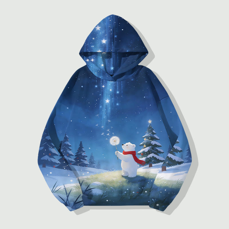 Christmas Polar Bear Holding Dandelion Art Print Long Sleeve Hoodie - Blue - US44-46(8XL) - image 1