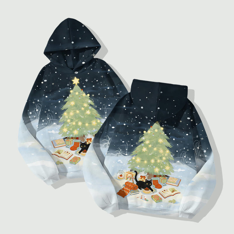 Kitten Eating Cake Under Christmas Tree In Snowy Day Art Print Long Sleeve Hoodie - image 2