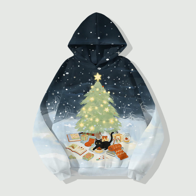 Kitten Eating Cake Under Christmas Tree In Snowy Day Art Print Long Sleeve Hoodie - Dark Blue - US44-46(8XL) - image 1