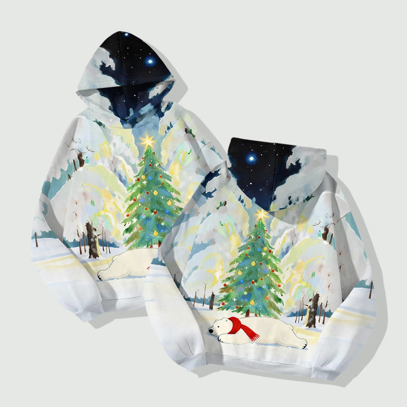 Oil Painting Polar Bear Lying Under Christmas Tree Art Print Long Sleeve Hoodie - image 2