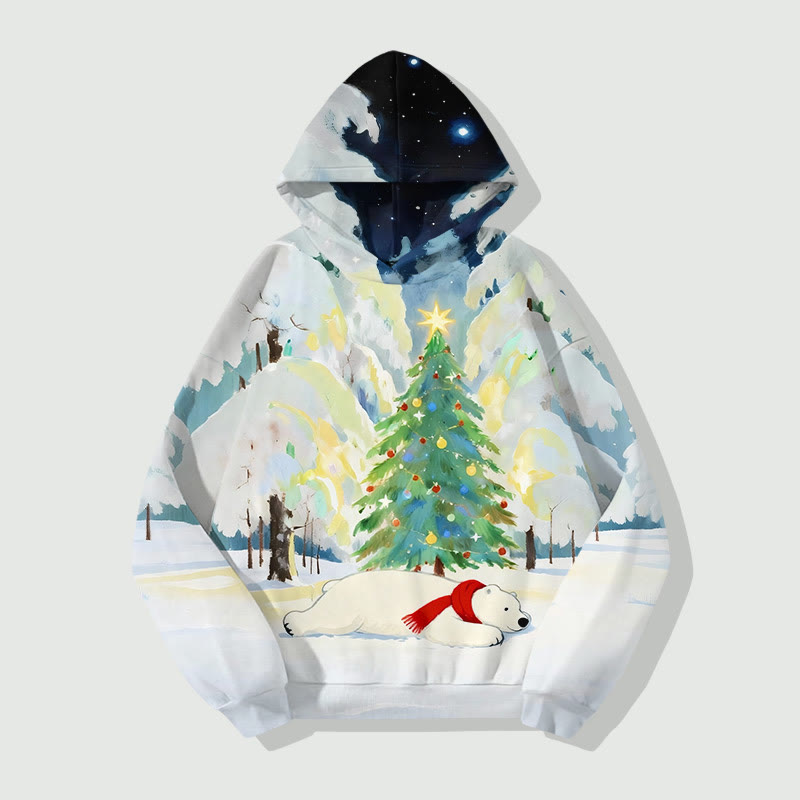 Oil Painting Polar Bear Lying Under Christmas Tree Art Print Long Sleeve Hoodie - White - US44-46(8XL) - image 1