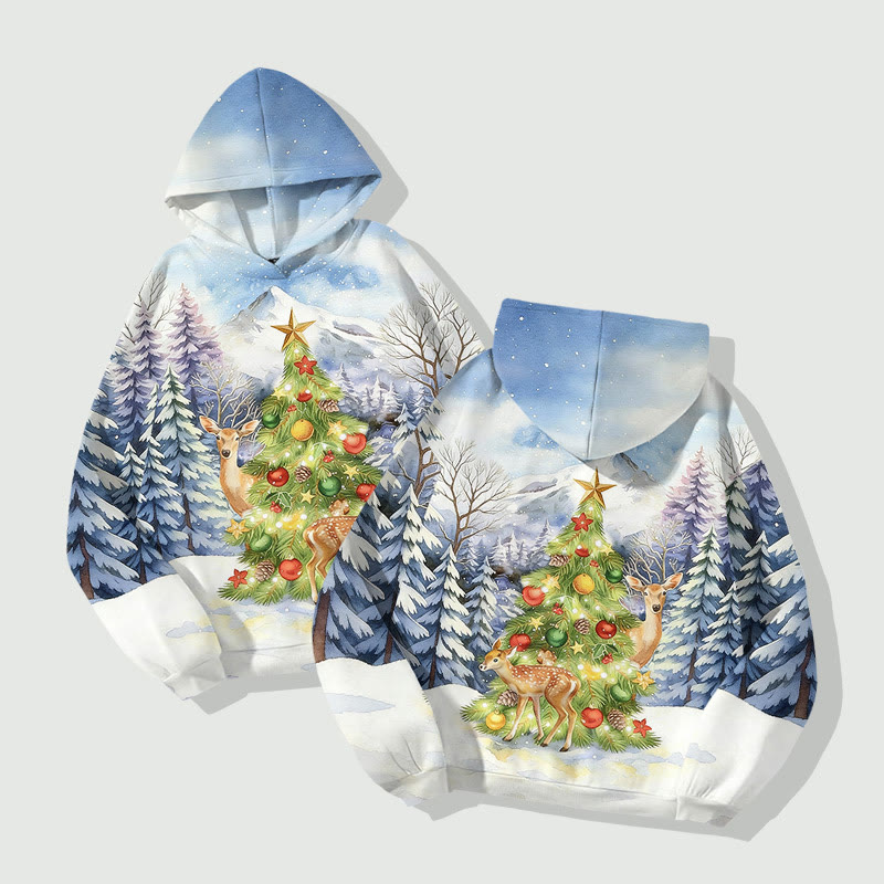 Lovely Reindeer Walking Around Christmas Tree Under Snow Mountain Art Print Long Sleeve Hoodie - image 2