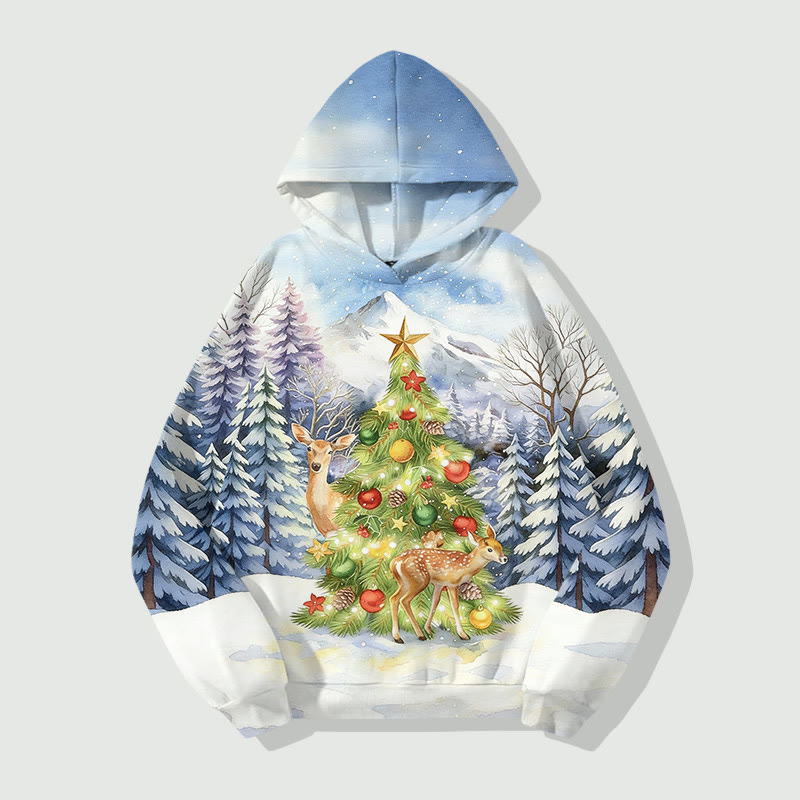 Lovely Reindeer Walking Around Christmas Tree Under Snow Mountain Art Print Long Sleeve Hoodie - Blue - US44-46(8XL) - image 1