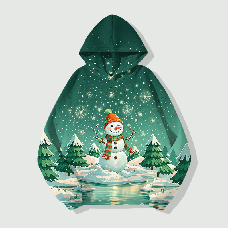 Christmas Snowman & Snowflakes Falling From The Sky Art Print Long Sleeve Hoodie - Green - US44-46(8XL) - image 3