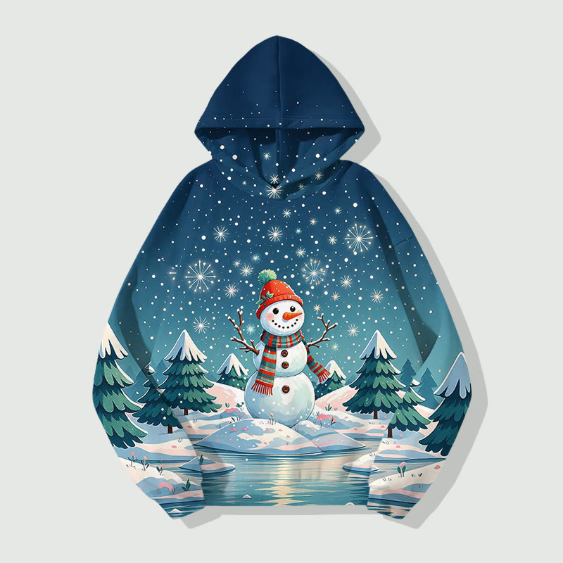 Christmas Snowman & Snowflakes Falling From The Sky Art Print Long Sleeve Hoodie - Blue - US44-46(8XL) - image 1