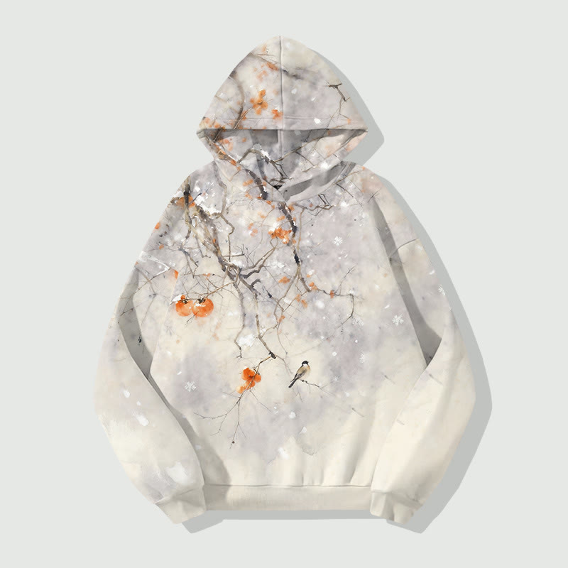 Watercolor Persimmon Tree & Romantic Snowflake Art Print Long Sleeve Hoodie - Beige - US44-46(8XL) - image 1