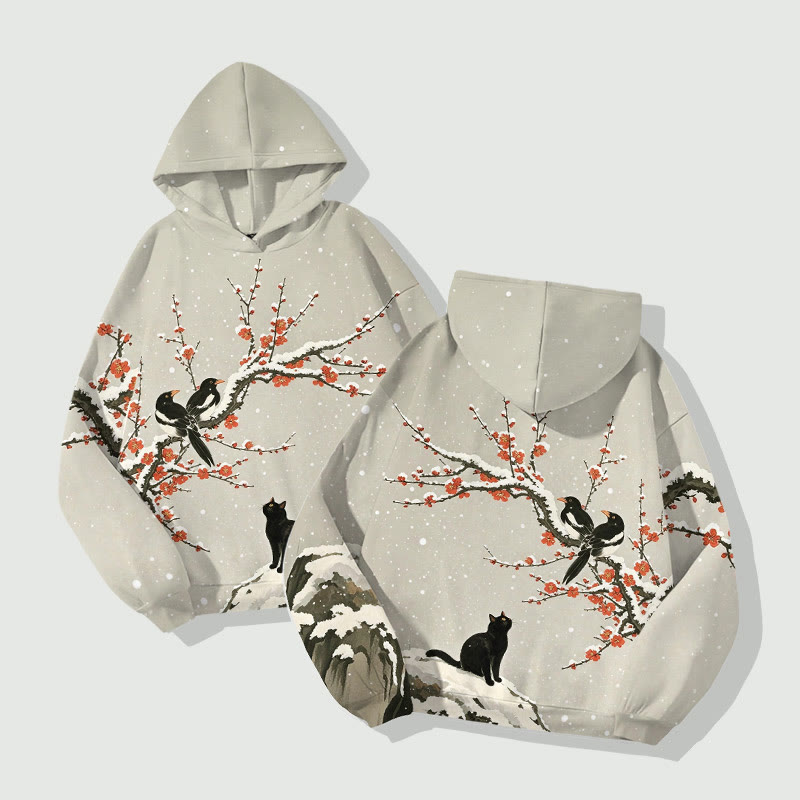 Vintage Cat & Birds In Snowy Winter Art Print Long Sleeve Hoodie - image 2