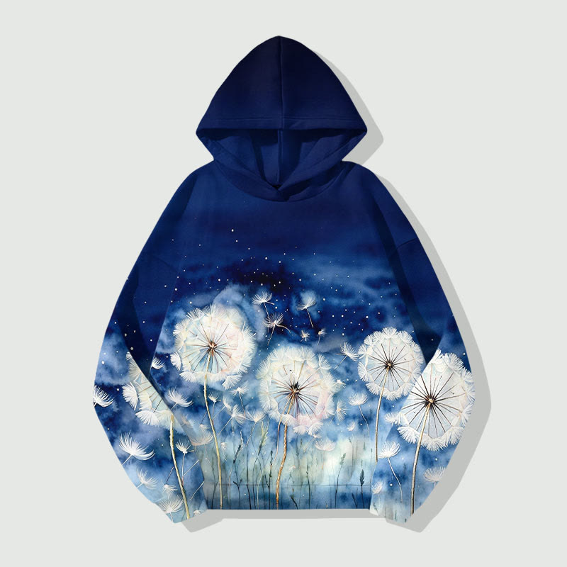 Fantasy Dandelion Art Print Long Sleeve Hoodie - Dark Blue - US44-46(8XL) - image 1