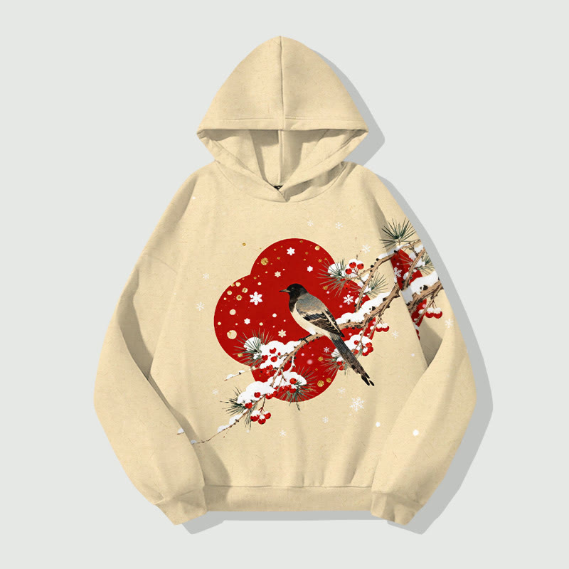 Japanese Vintage Snowy Bird On The Branch Art Print Long Sleeve Hoodie - Apricot - US44-46(8XL) - image 1