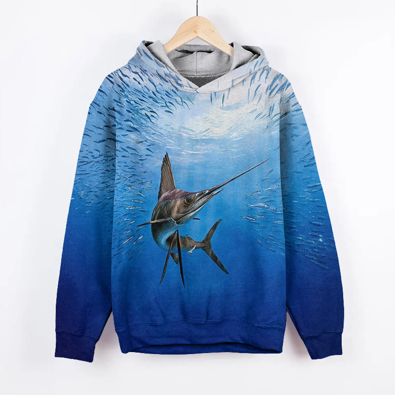 Unisex Deep Sea Sailfish Art Print Long Sleeved Hoodie - Blue - US44-46(8XL) - image 1