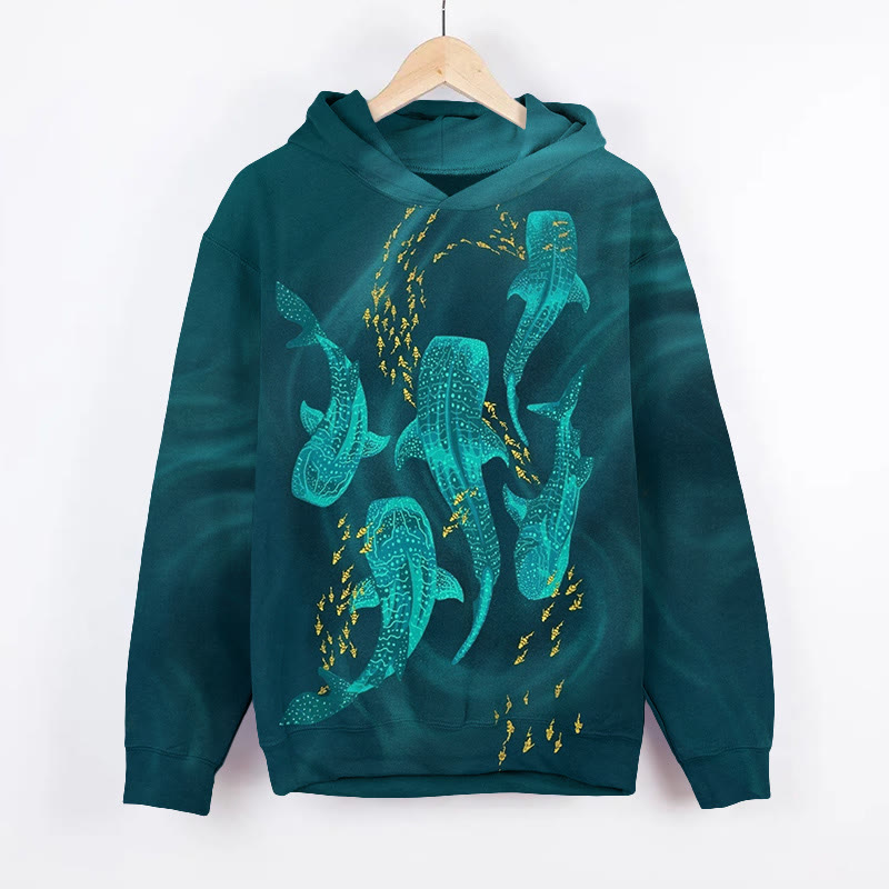 Unisex Deep Sea Whales Team Art Print Long Sleeved Hoodie - Dark Green - US44-46(8XL) - image 1