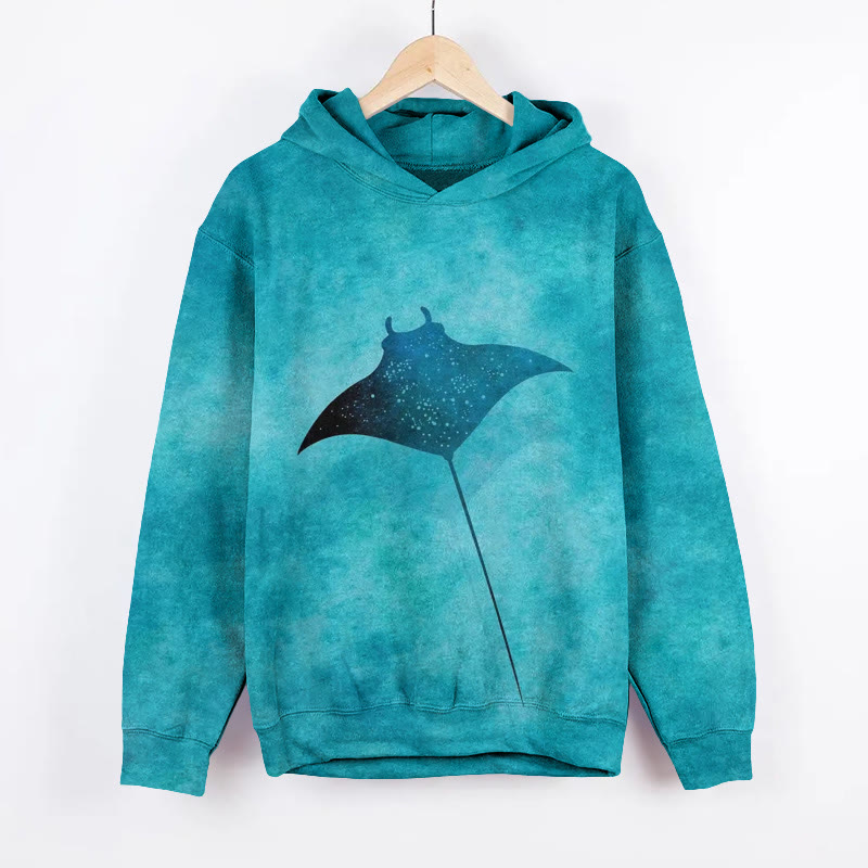 Unisex Ocean Manta Ray Art Print Long Sleeved Hoodie - Lake Blue - US44-46(8XL) - image 1