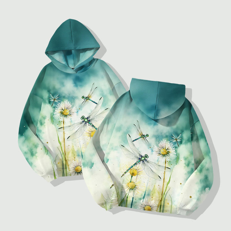 Ombre Watercolor Dandelion & Dragonfly Art Print Long Sleeve Hoodie - image 2