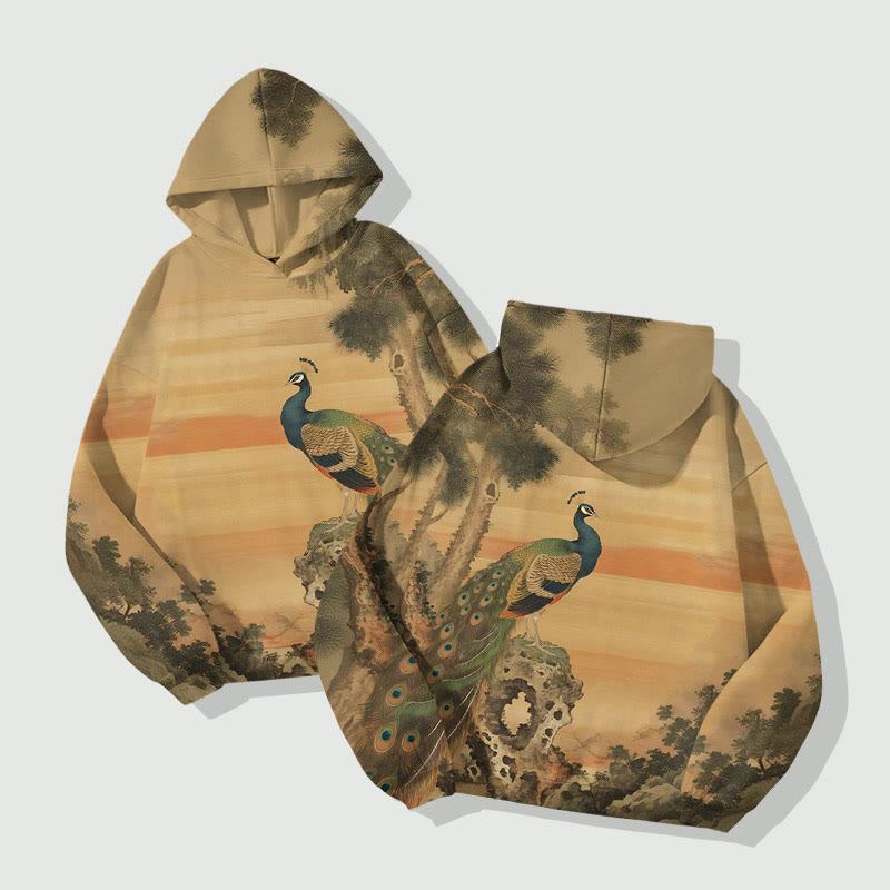 Vintage Sunset Peacock In The Forest Art Print Long Sleeve Hoodie - image 2