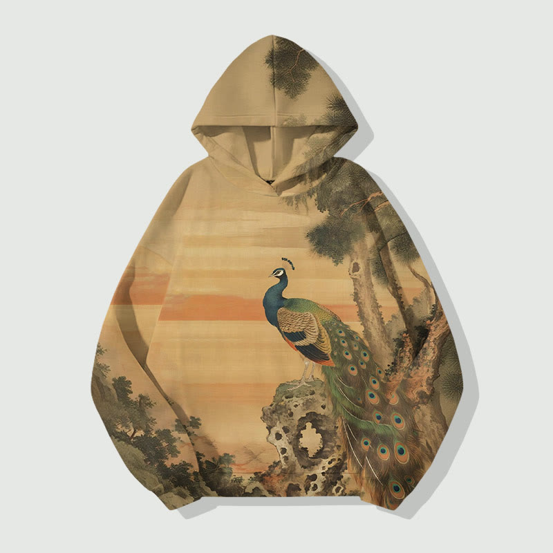 Vintage Sunset Peacock In The Forest Art Print Long Sleeve Hoodie - Khaki - US44-46(8XL) - image 1