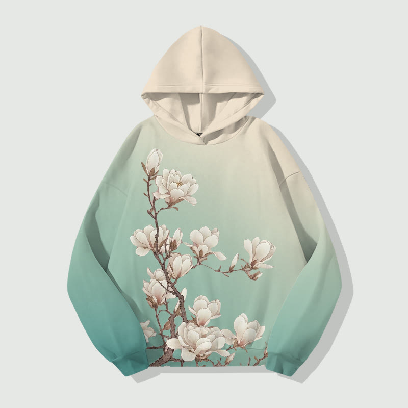 Vintage Magnolia Blossom Art Print Long Sleeve Hoodie - Green - US44-46(8XL) - image 1