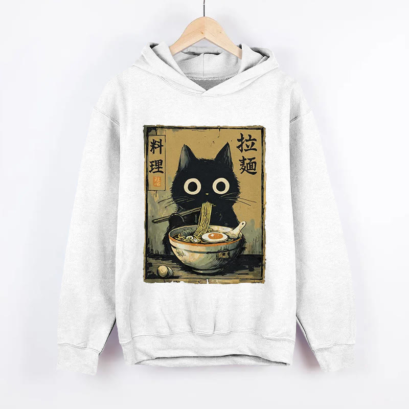 Unisex  Cute Black Cat Eating Ramen Japan Classic Print Long Sleeved Hoodie - White - US44-46(8XL) - image 2