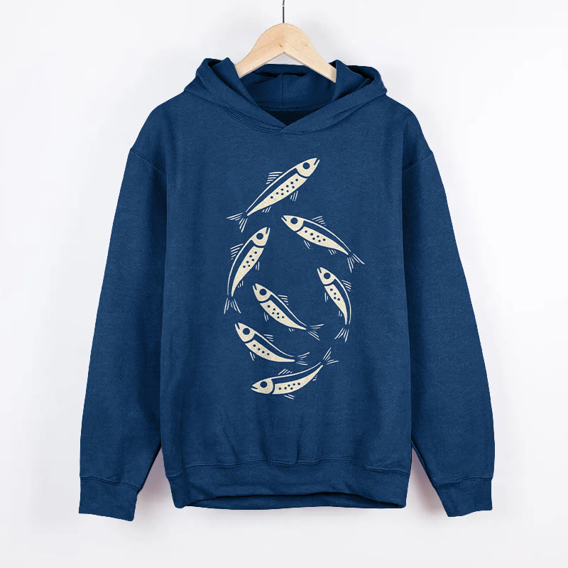 Unisex Retro Fish Print Long Sleeved Hoodie - Dark Blue - US44-46(8XL) - image 1